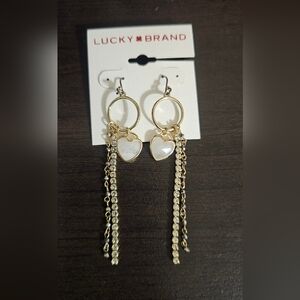 Lucky Brand Gold Dangle Heart Earrings with White Accent